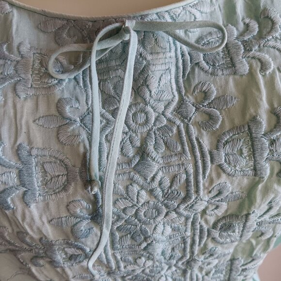 sz 8 Vintage 1950's Dress Mint Green Embroidered Nelly Don Belt Linen Distress - Picture 4 of 14